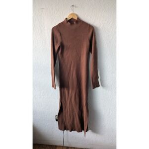 Rhythm Ribbed Knit Long Dress Mock Neck Long Sleeve‎ Brown XL